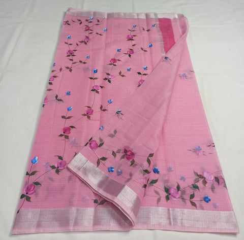 Kota Doria Cotton Hand Brush Printed Saree - Trend In Need