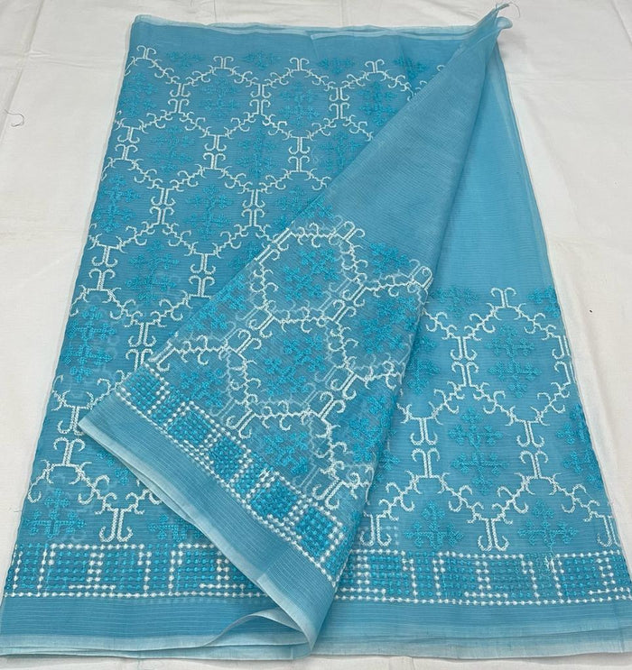 Kota Doria Cotton Embroiderd Work Saree - Blue Color