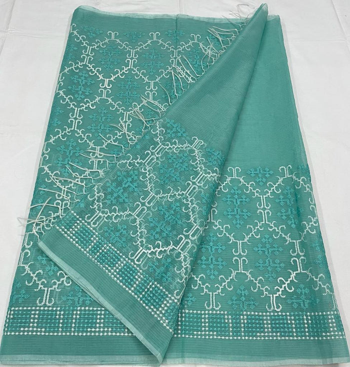 Kota Doria Cotton Embroiderd Work Saree - Blue
