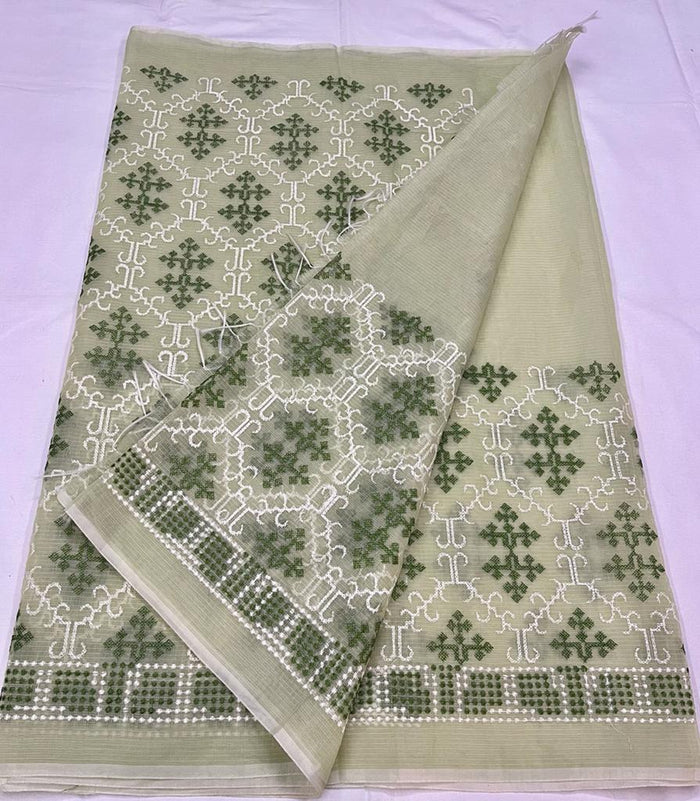 Kota Doria Cotton Embroiderd Work Saree - Green