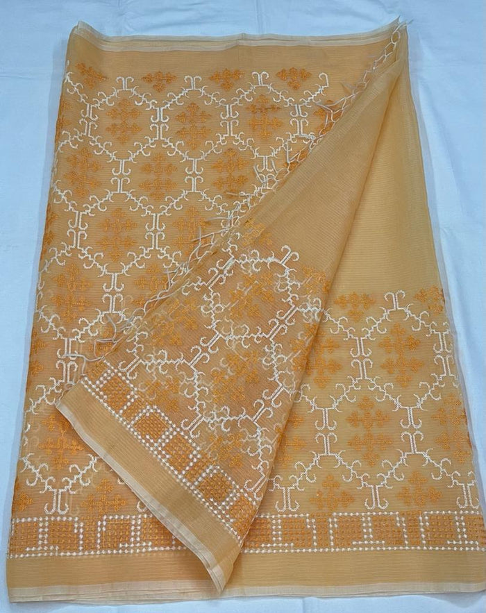 Kota Doria Cotton Embroiderd Work Saree - Yellow Color