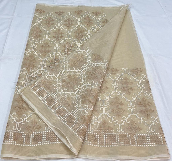 Kota Doria Cotton Embroiderd Work Saree - Yellow