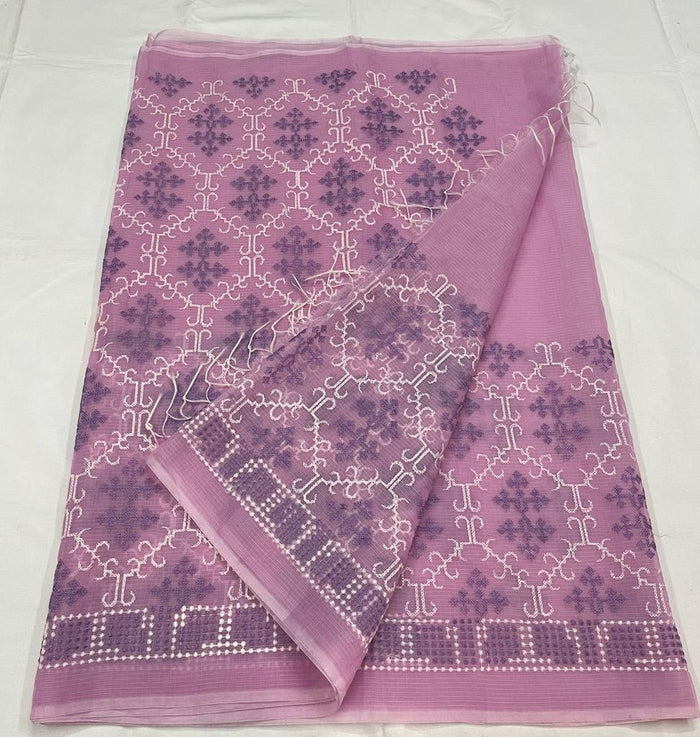 Kota Doria Cotton Embroiderd Work Saree - Pink