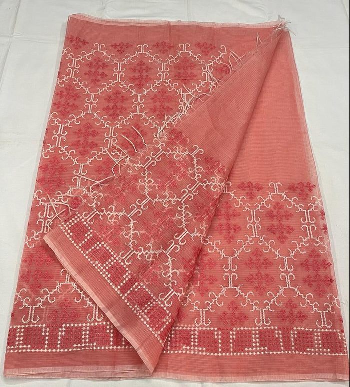 Kota Doria Cotton Embroiderd Work Saree - Orange