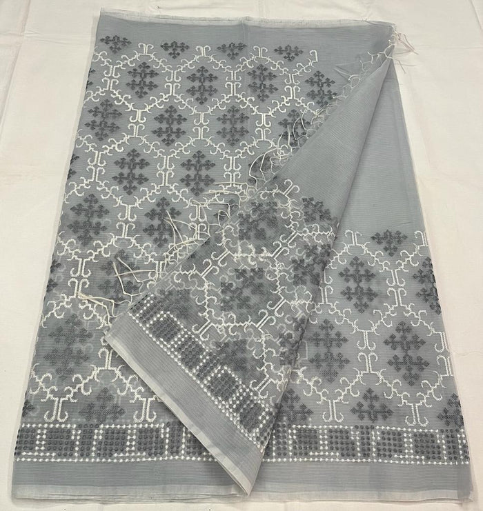Kota Doria Cotton Embroiderd Work Saree - Grey