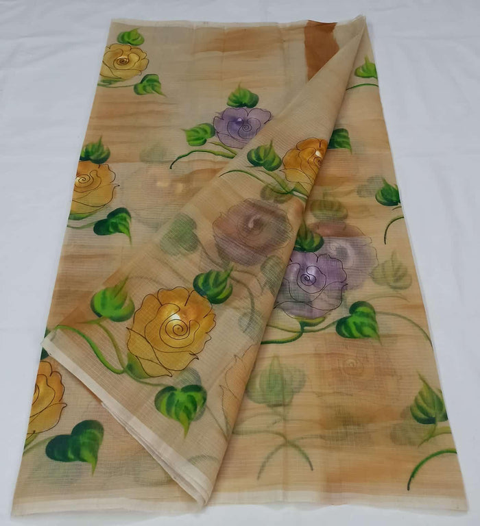 Brush Painted Kota Doria Cotton Mix Saree - Beiege Color