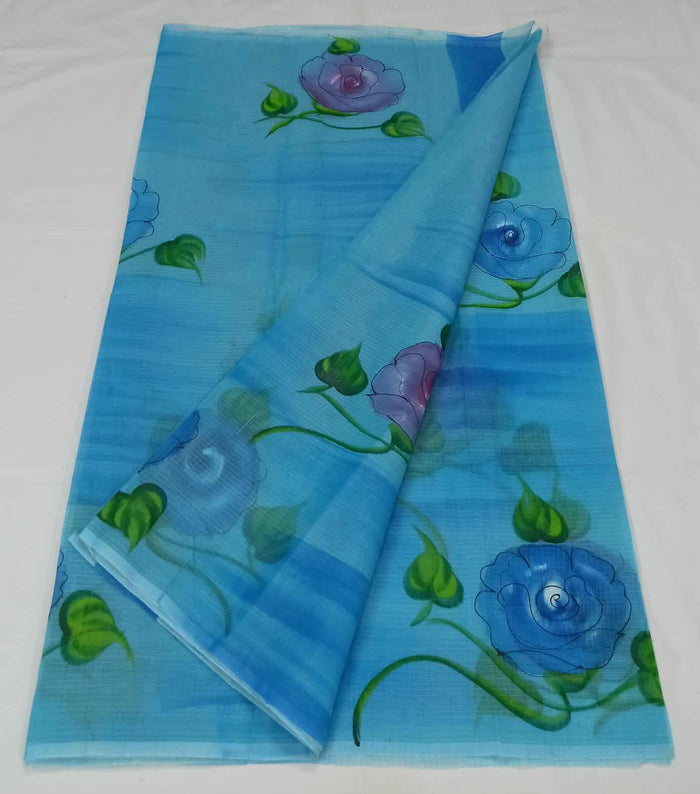 Brush Painted Kota Doria Cotton Mix Saree - Blue Color