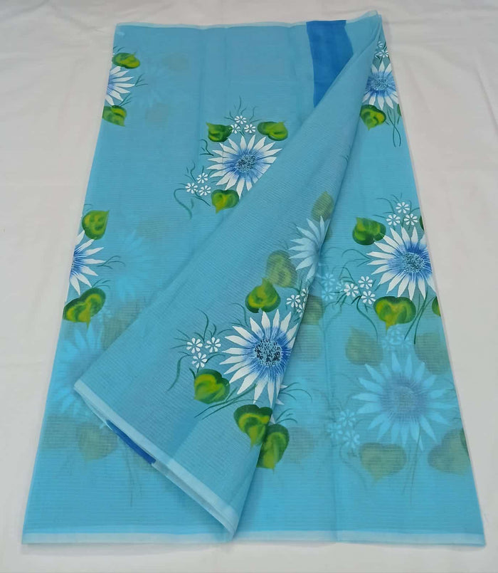 Brush Painted Kota Doria Cotton Saree - Blue Color