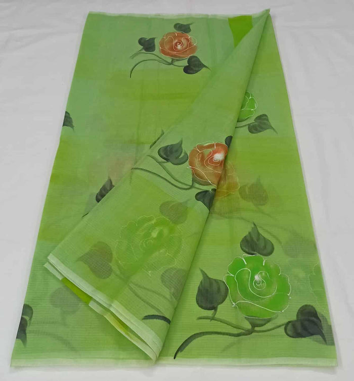 Brush Painted Kota Doria Cotton Mix Saree - Green Color