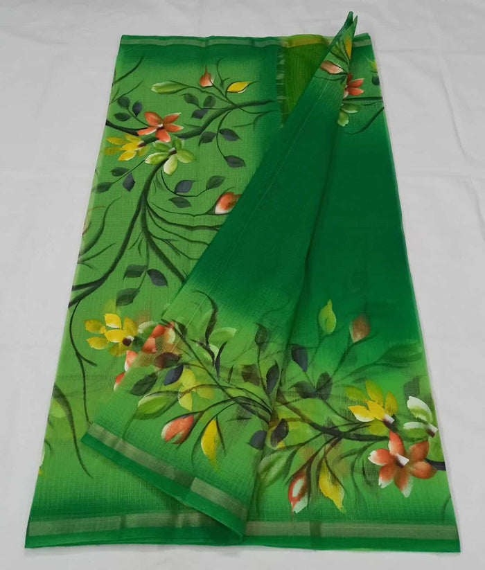 Hand Painted Kota Doria Saree - Green