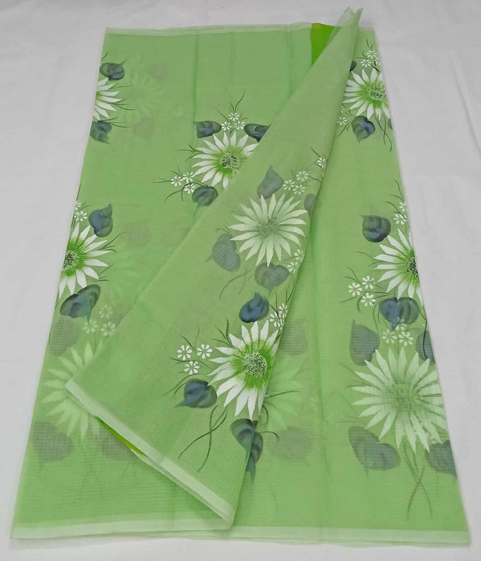 Brush Painted Kota Doria Cotton Saree - Green Color
