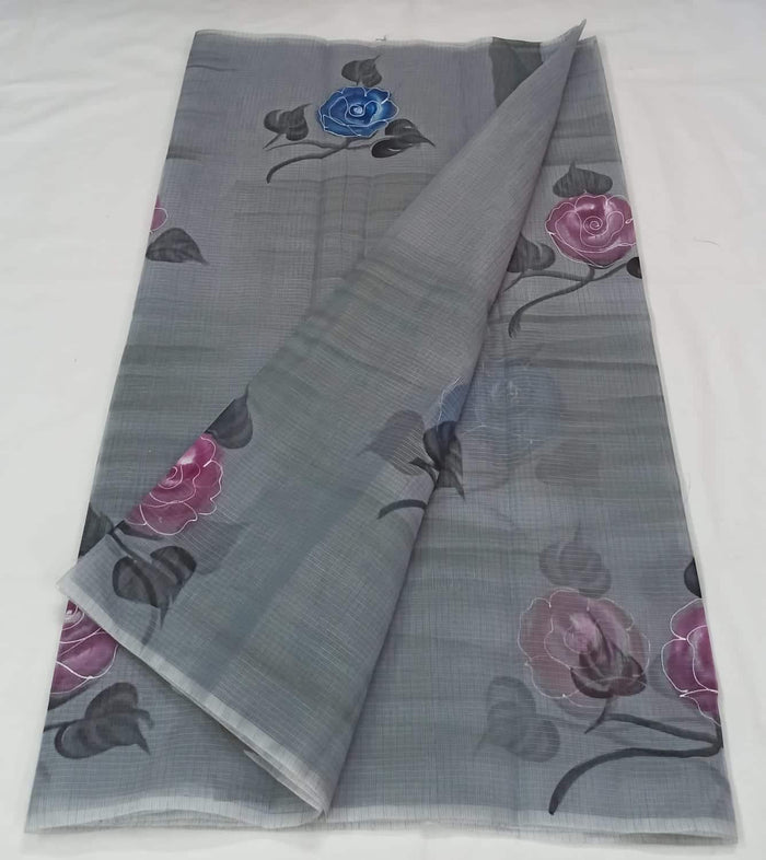 Brush Painted Kota Doria Cotton Mix Saree - Grey Color