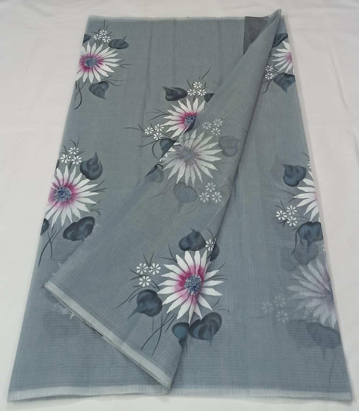 Brush Painted Kota Doria Cotton Saree - Grey Color