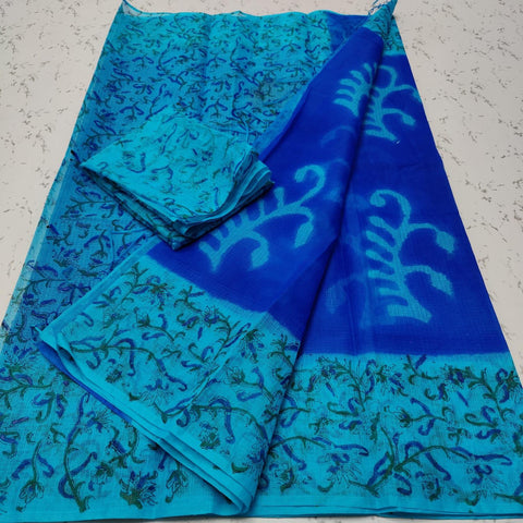 Kota Doria Cotton Mix Hand Block Printed Multi Dye Blue Color Sarees - Trend In Need