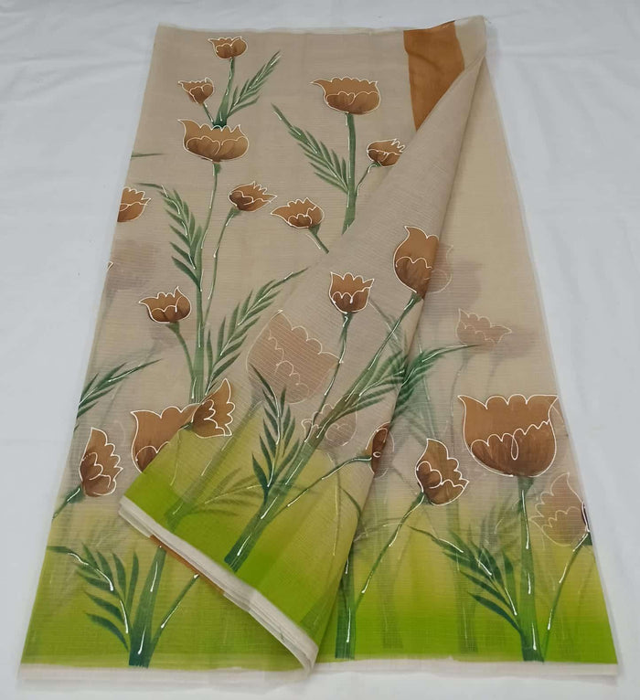 Kota Doria Cotton Saree With Hand Painted Design - Beige Color