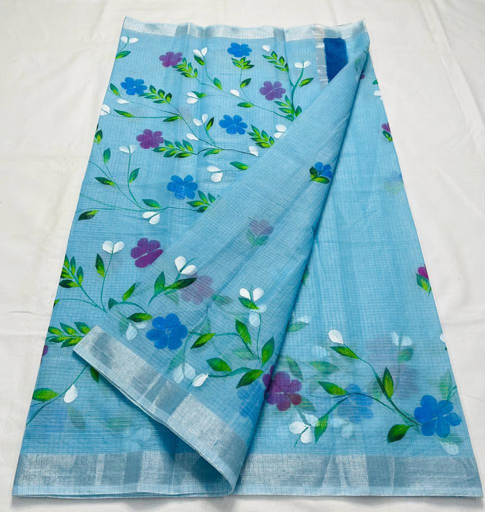 Kota Doria Cotton Mix Hand Painted Saree - Blue Color