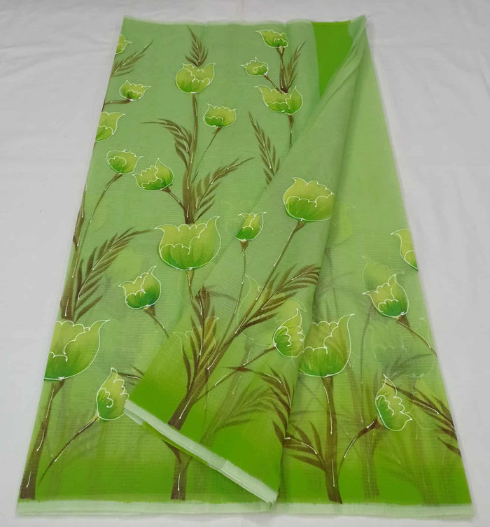 Kota Doria Cotton Saree With Hand Painted Design - Green Color