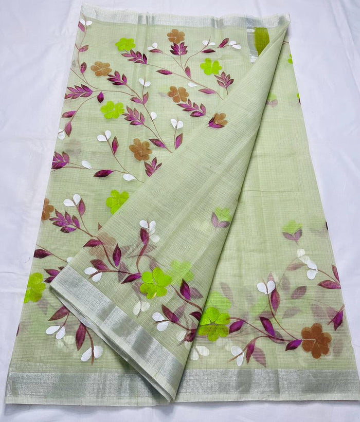 Kota Doria Cotton Mix Hand Painted Saree - Green Color