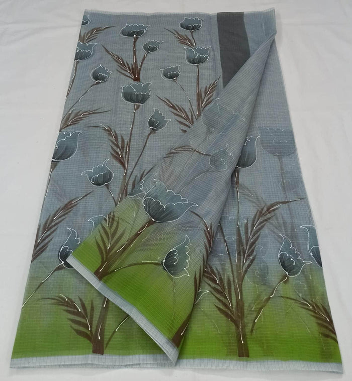 Kota Doria Cotton Saree With Hand Painted Design - Grey Color