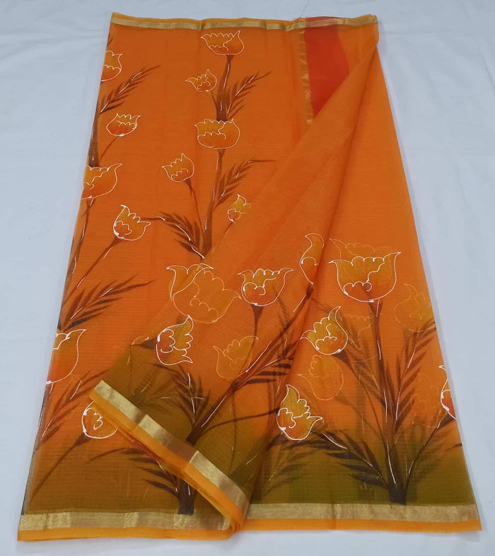 Kota Doria Cotton Saree With Hand Painted Design - Orange Color
