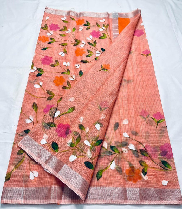 Kota Doria Cotton Mix  Hand  Painted Saree - Orange Color