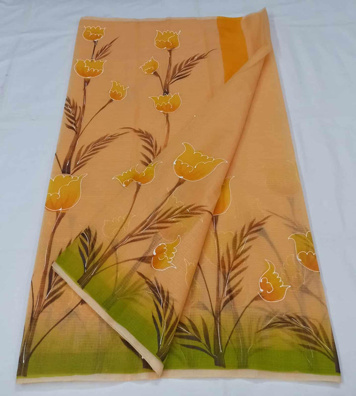 Kota Doria Cotton Saree With Hand Painted Design - Peach Color