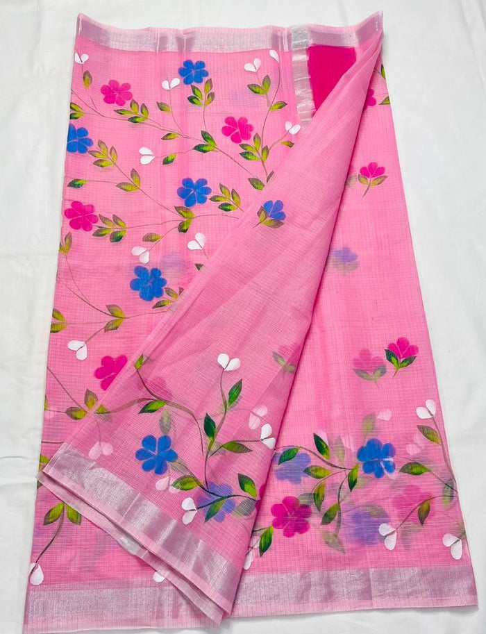 Kota Doria Cotton Mix Hand Painted Saree - Pink Color