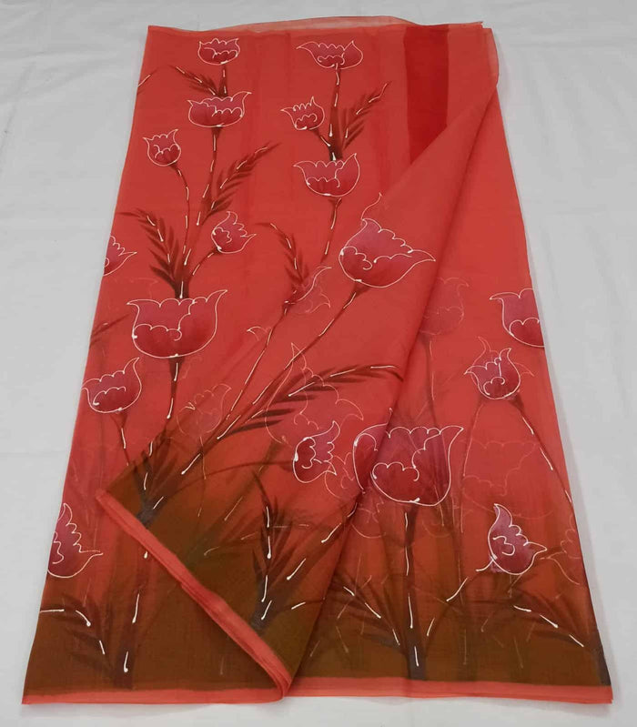 Kota Doria Cotton Saree With Hand Painted Design - Red Color