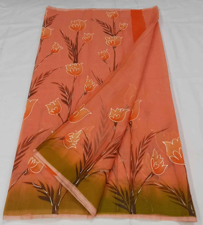 Hand  Painted  Kota Doria Saree - Red Color