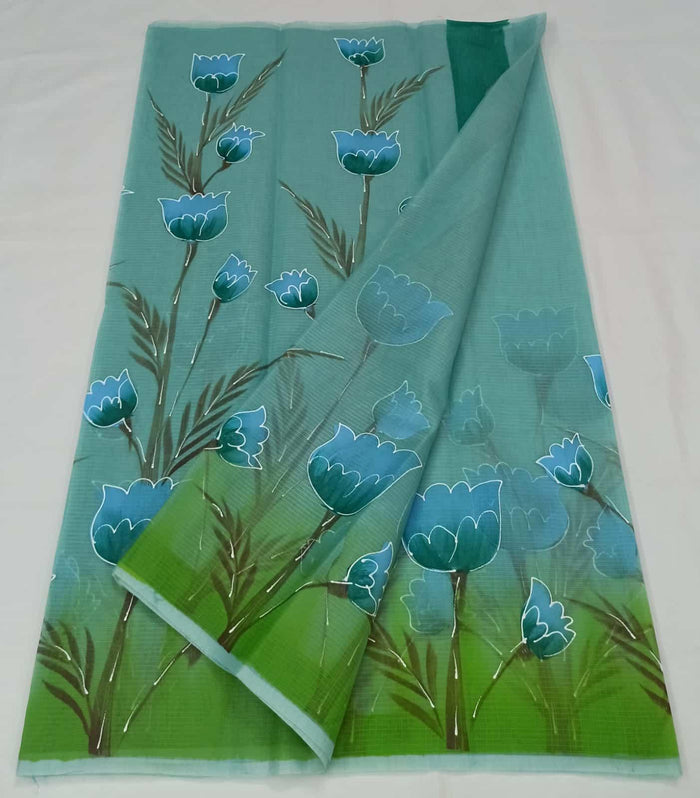 Kota Doria Cotton Saree With Hand Painted Design - Sea Blue Color