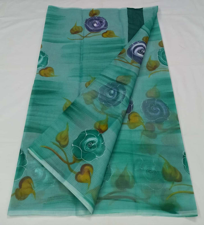 Kota Doria Cotton Saree With Hand Painted Design - Sea Green Color