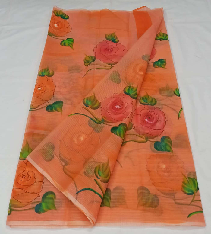 Brush Painted Kota Doria Cotton Mix Saree - Orange Color