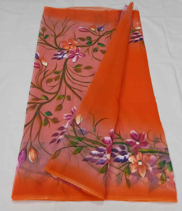 Hand  Painted  Kota Doria Saree - Orange Color