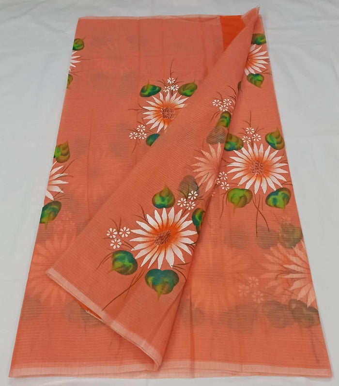 Brush Painted Kota Doria Cotton Saree - Orange Color