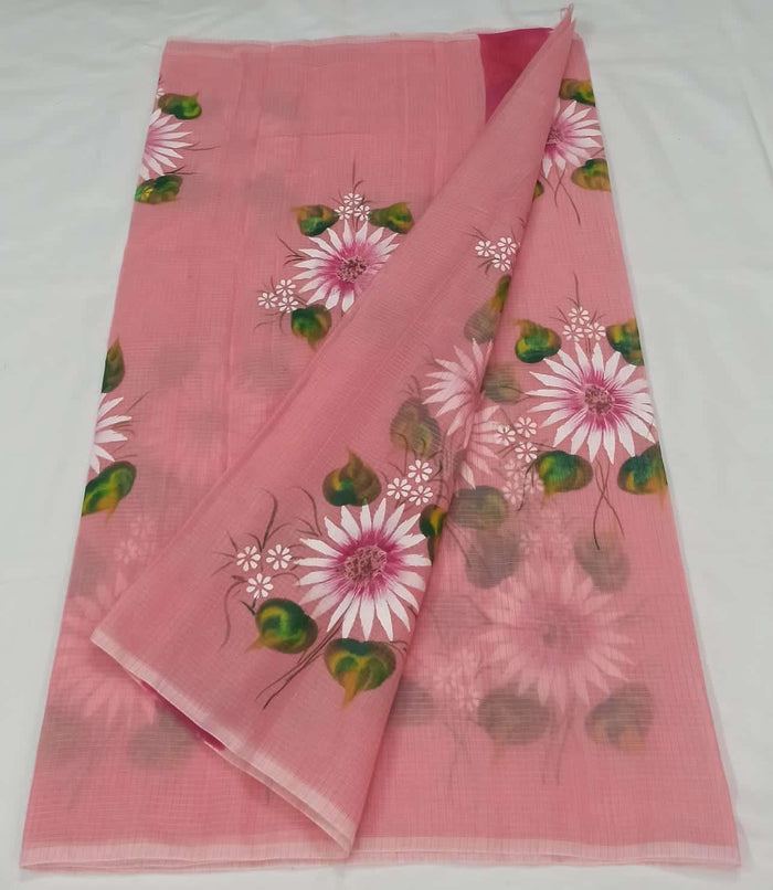 Kota Doria Cotton Pink Color Hand Painted Saree