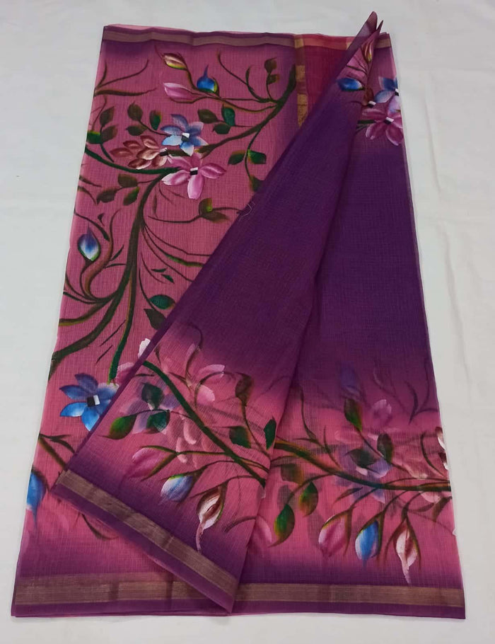 Hand  Painted  Kota Doria Saree - Purple Color