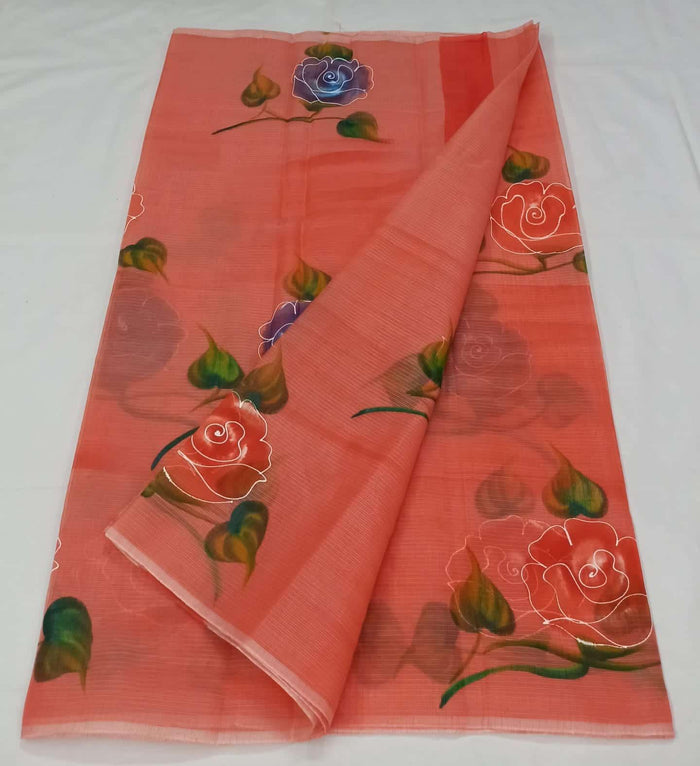 Brush Painted Kota Doria Cotton Mix Saree - Red Color