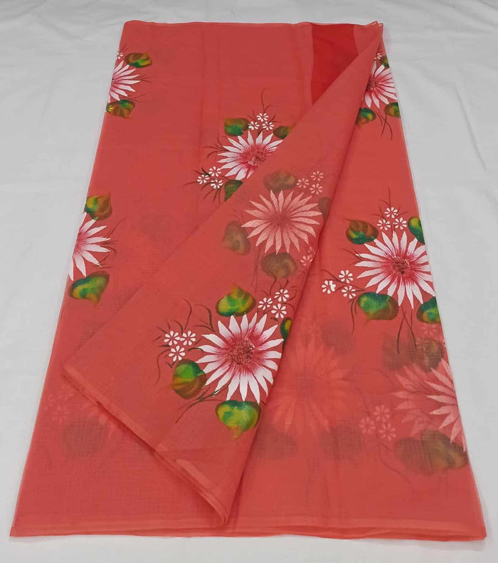 Brush Painted Kota Doria Cotton Saree - Red Color