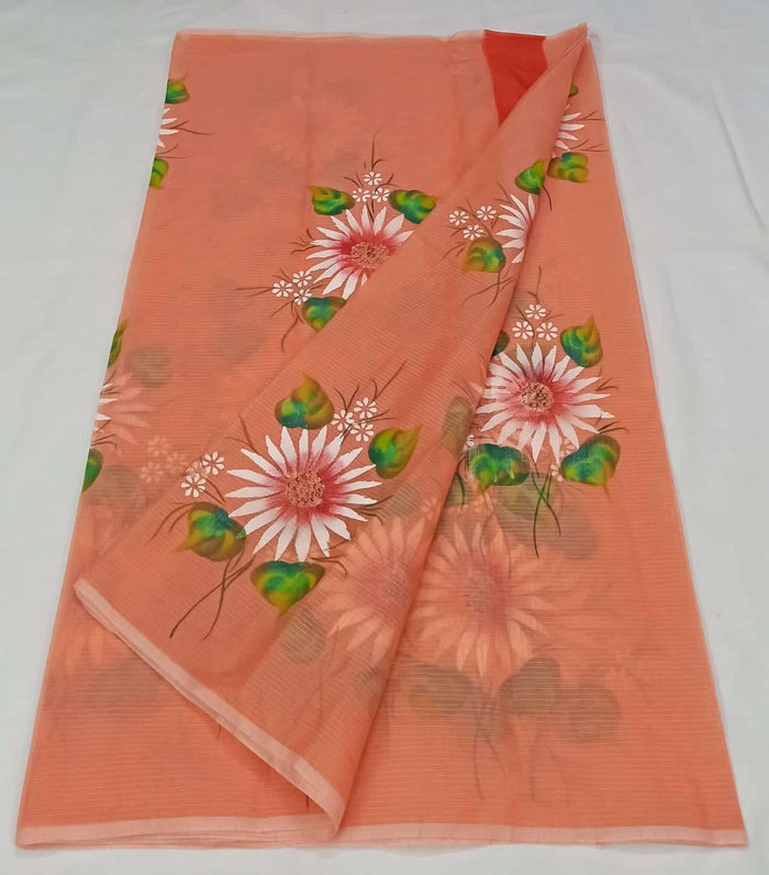 Brush Painted Kota Doria Cotton Saree -  Peach Color