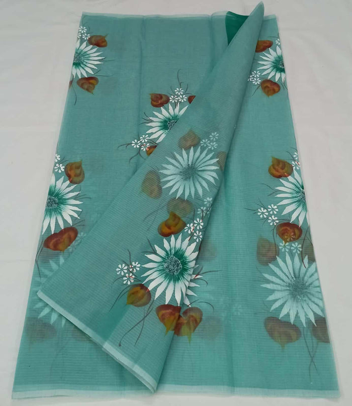 Brush Painted  Kota Doria Cotton Saree - Sea Blue Color