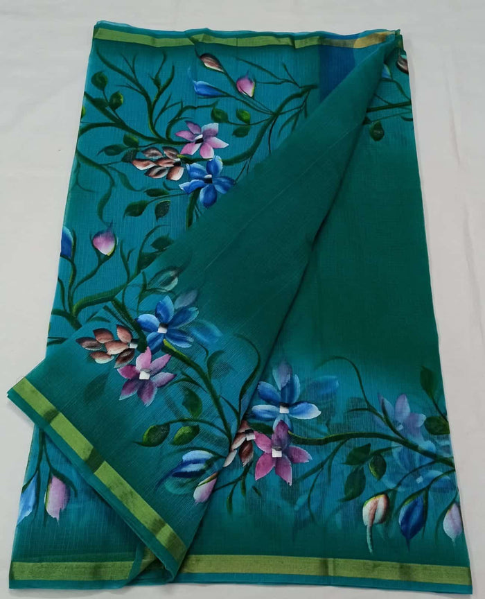 Hand  Painted  Kota Doria Saree - Sea Blue Color