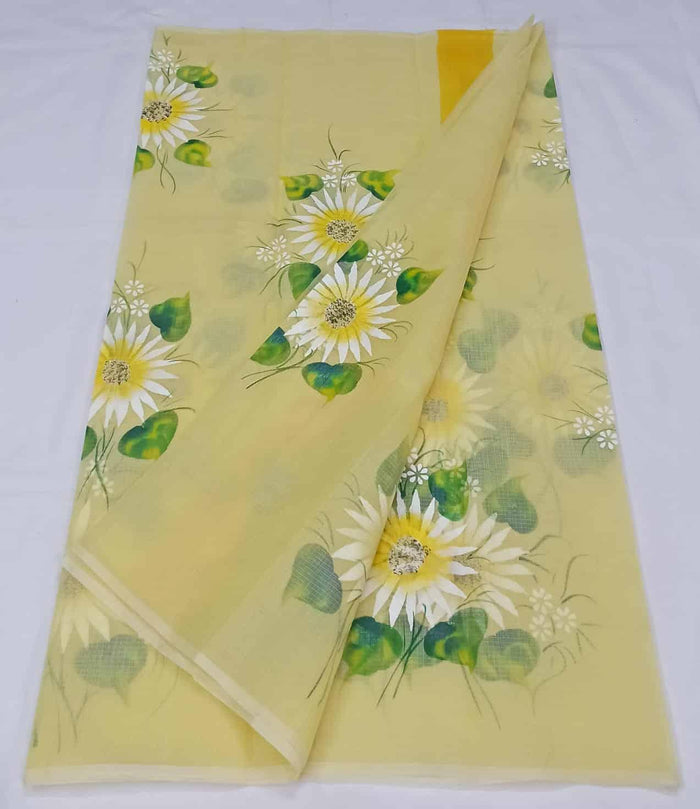 Brush Painted  Kota Doria Cotton Saree - Yellow Color