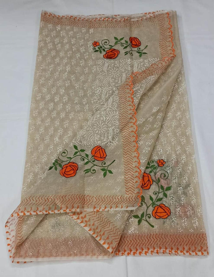 Kota Doria Cotton Off White Color Embroidered Saree with Fine Block Print