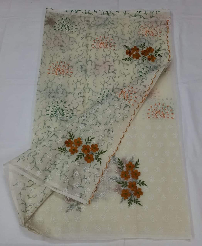 Kota Doria Cotton Off White Color Embroidered Saree with Fine Block Print