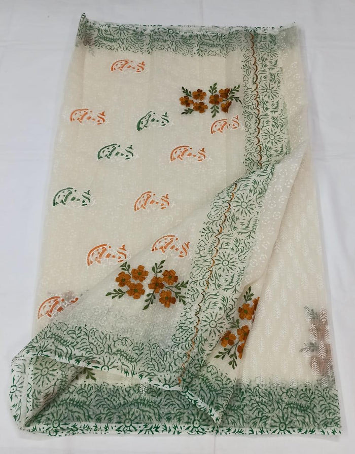 Kota Doria Cotton Off White Color Embroidered Saree with Fine Block Print