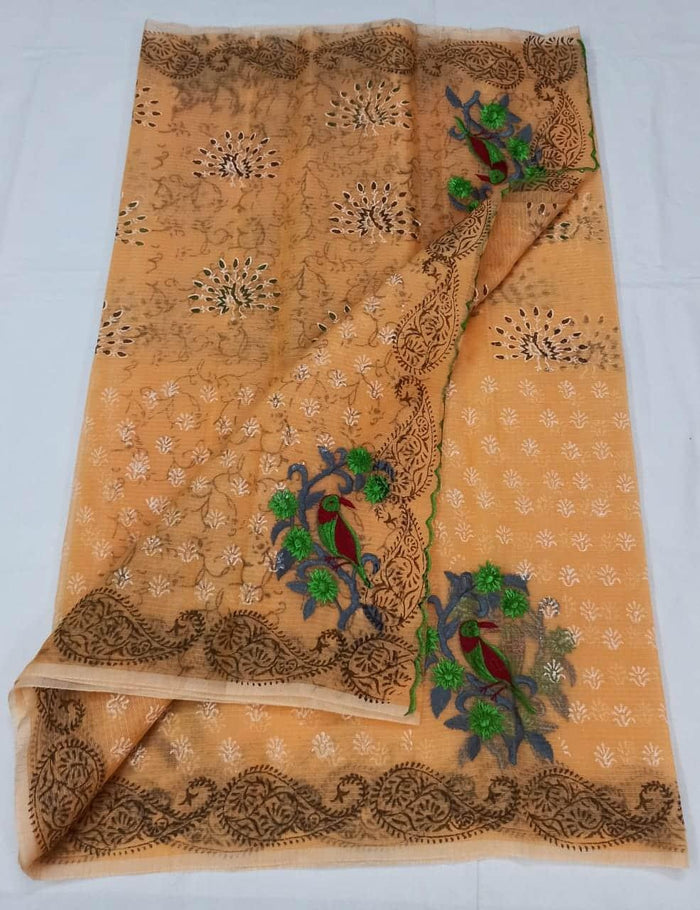 Kota Doria Cotton Orange Color Embroidered Saree with Fine Block Print