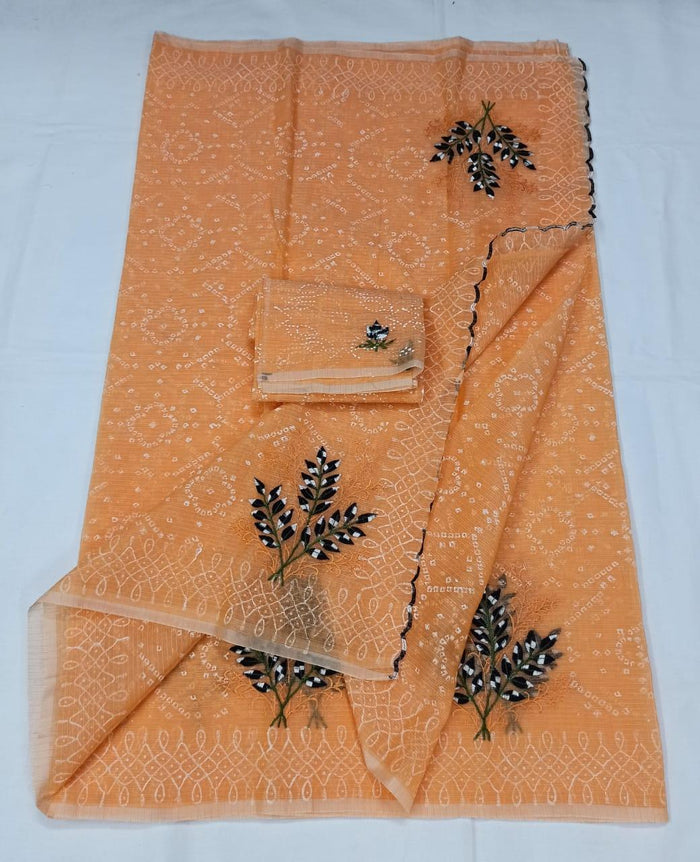 Kota Doria Cotton Peach Color Embroidered Saree with Fine Block Print