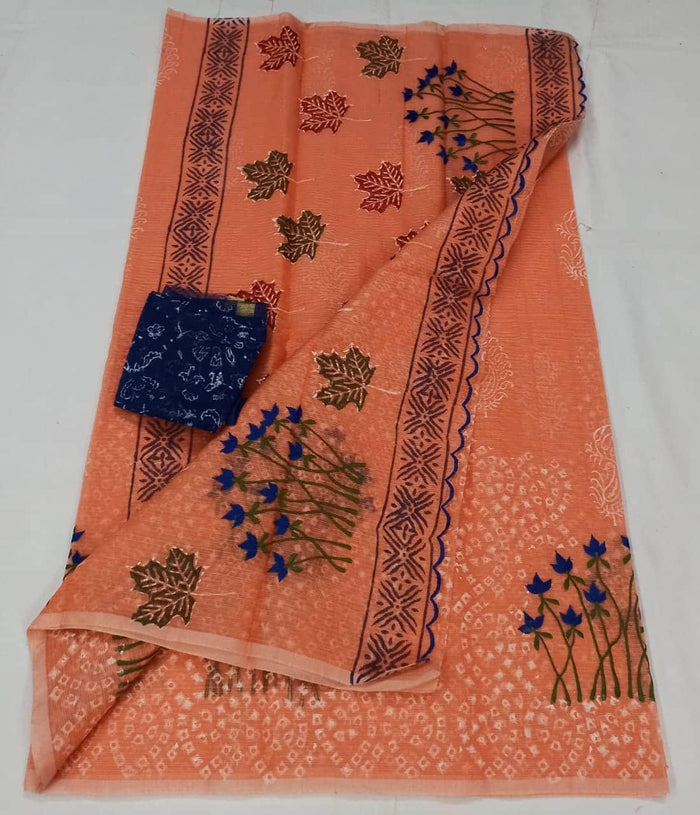 Kota Doria Cotton Peach Color Embroidered Saree with Fine Block Print