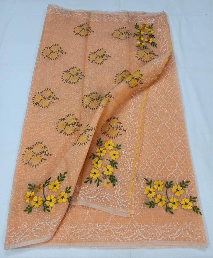 Kota Doria Cotton Peach Colour Embroidered Saree with Fine Block Print