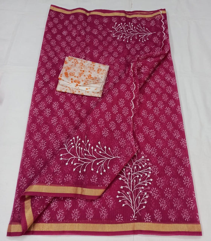 Kota Doria Cotton Pink Color Embroidered Saree with Fine Block Print
